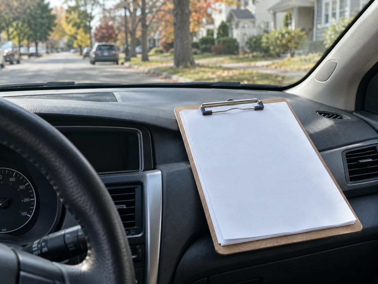 Clipboard holding a blank form resting on the dashboard of a parked car with daylight coming through the windshield