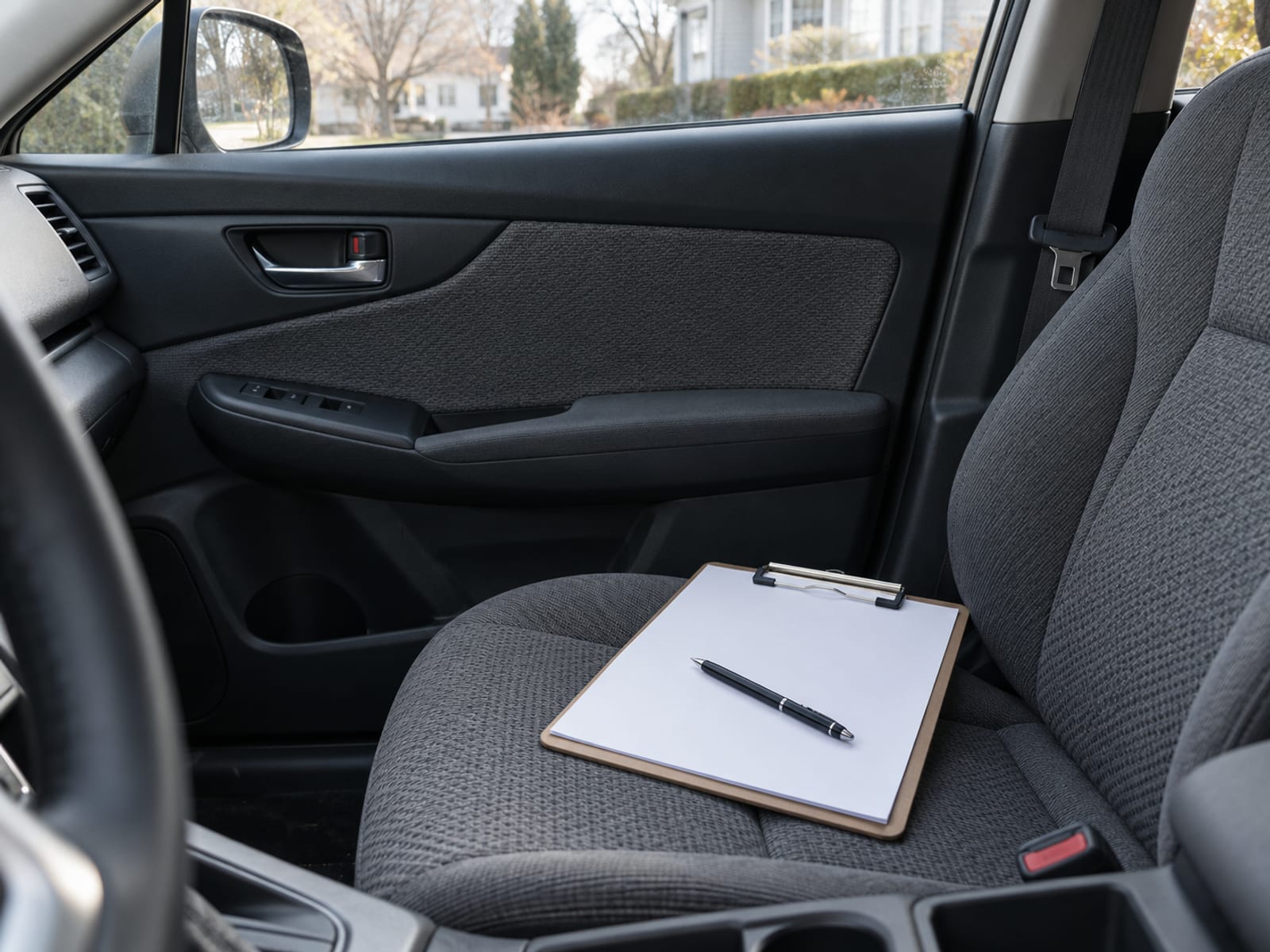A blank coverage form on a clipboard with a pen, resting on the passenger seat of a car
