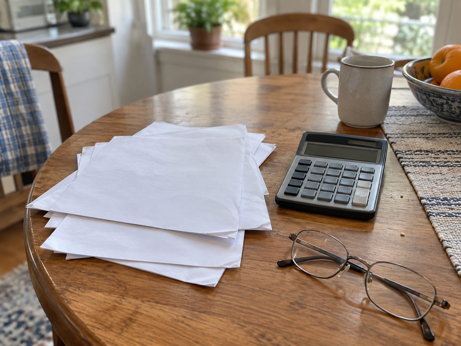 A stack of blank medical bills and a calculator on a kitchen table beside a pair of reading glasses