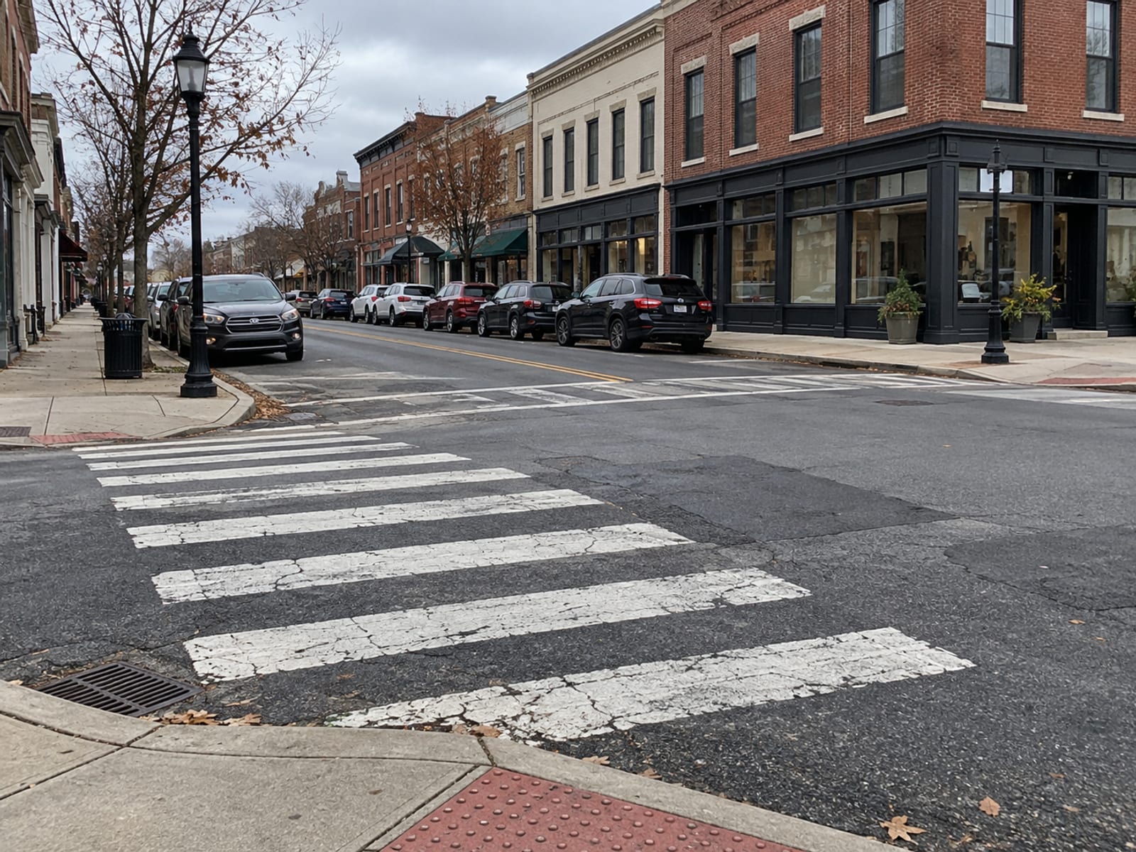 A marked crosswalk at a quiet New Jersey downtown intersection with parked cars along the curb