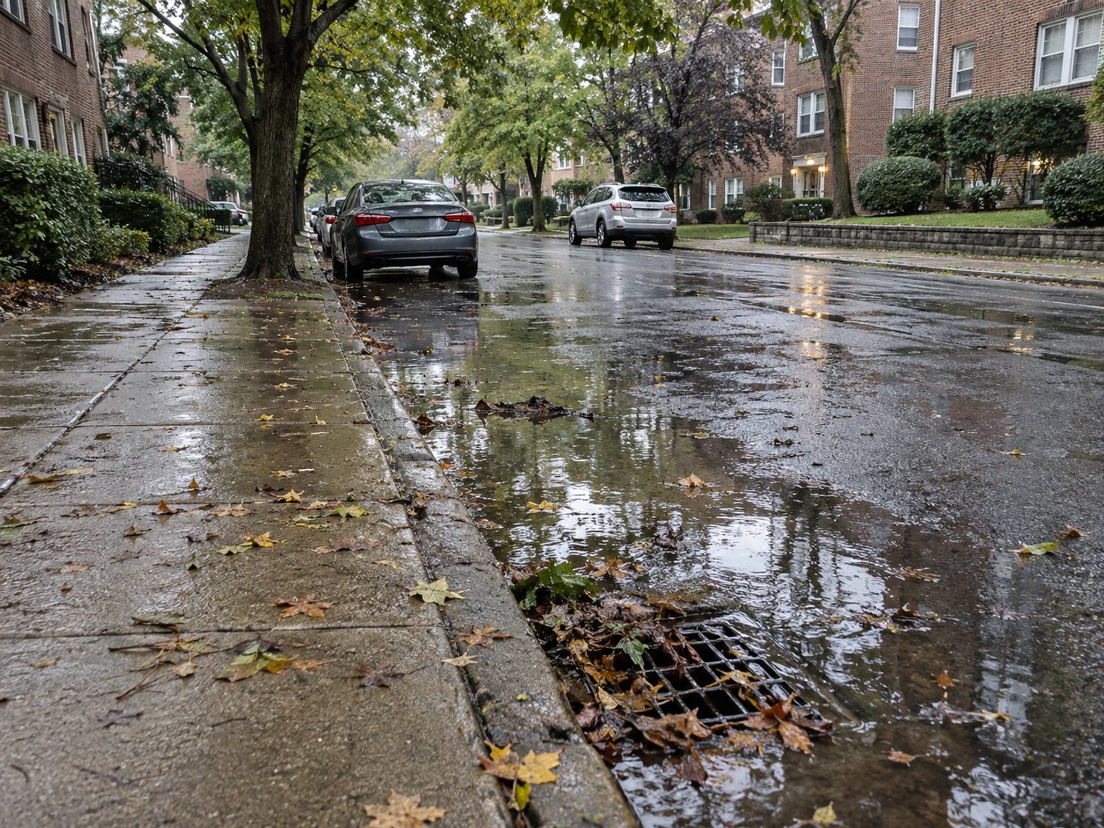 A residential street of apartment buildings with standing rainwater along the curb after a storm