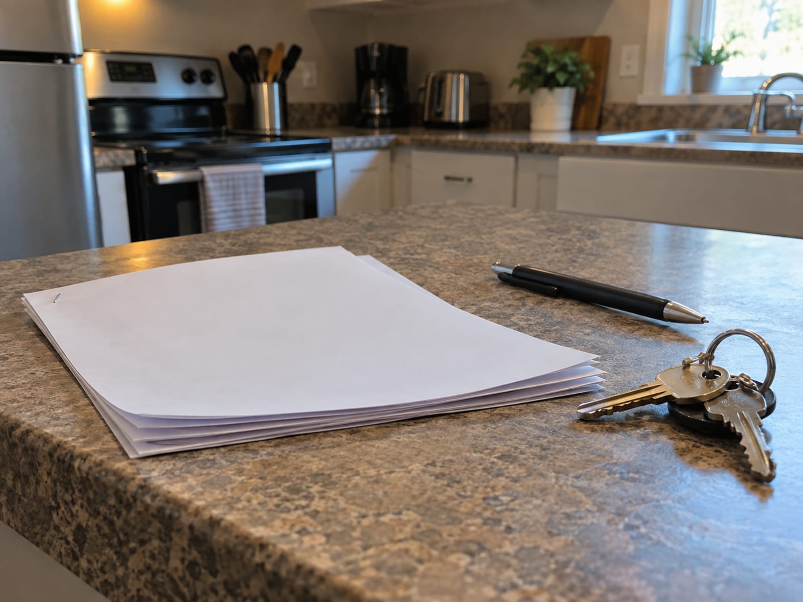 A blank lease document, a pen and a set of apartment keys on a small kitchen counter