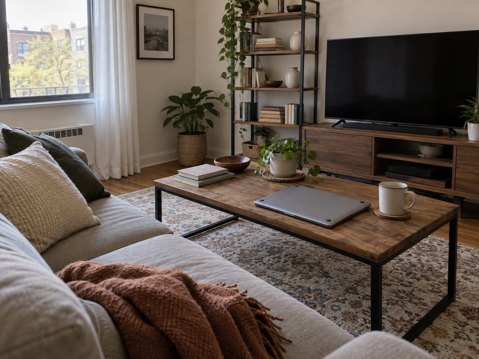 A furnished apartment living room with a sofa, a bookshelf, a laptop and a television