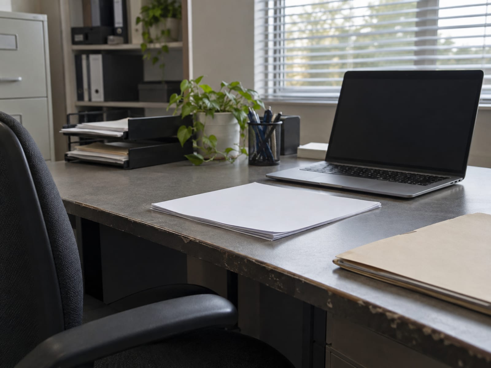 A small business owner's desk with a blank certificate form, a lease folder and a laptop