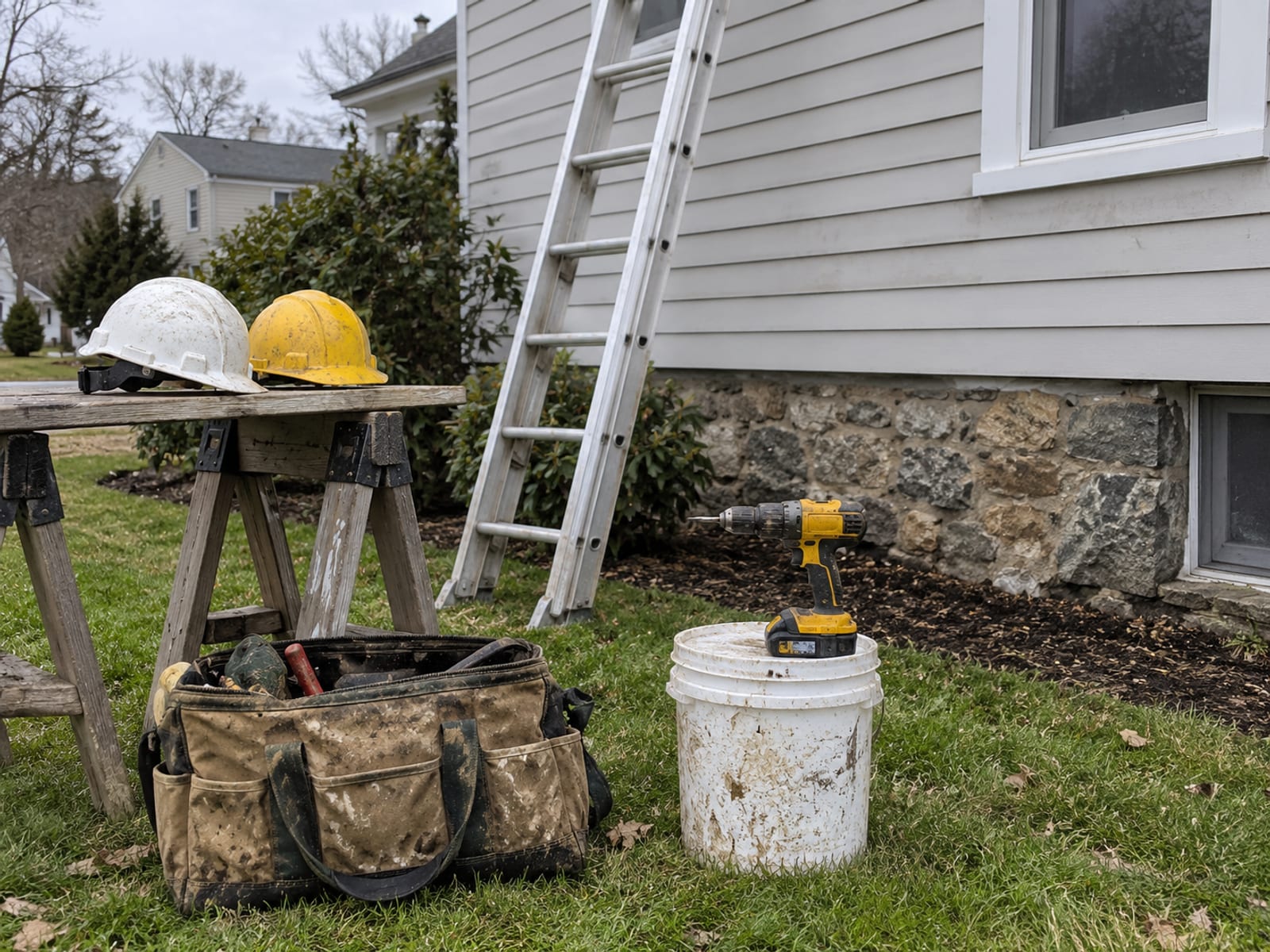 A small work crew's tools, hard hats and a ladder set out at a residential job site in daylight