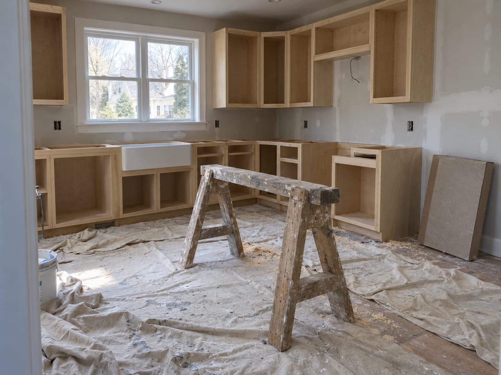 A kitchen under renovation with new cabinets, a sawhorse and drop cloths on the floor