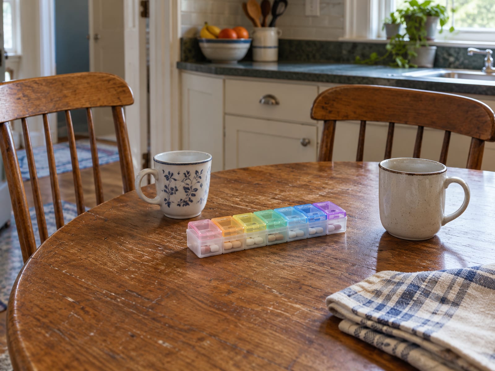 Two empty chairs pulled close at a kitchen table beside a plain weekly pill organizer and two cups