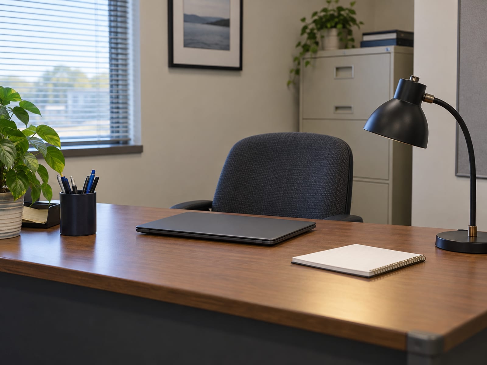 An empty office desk with a closed laptop, a desk lamp and a chair pushed in
