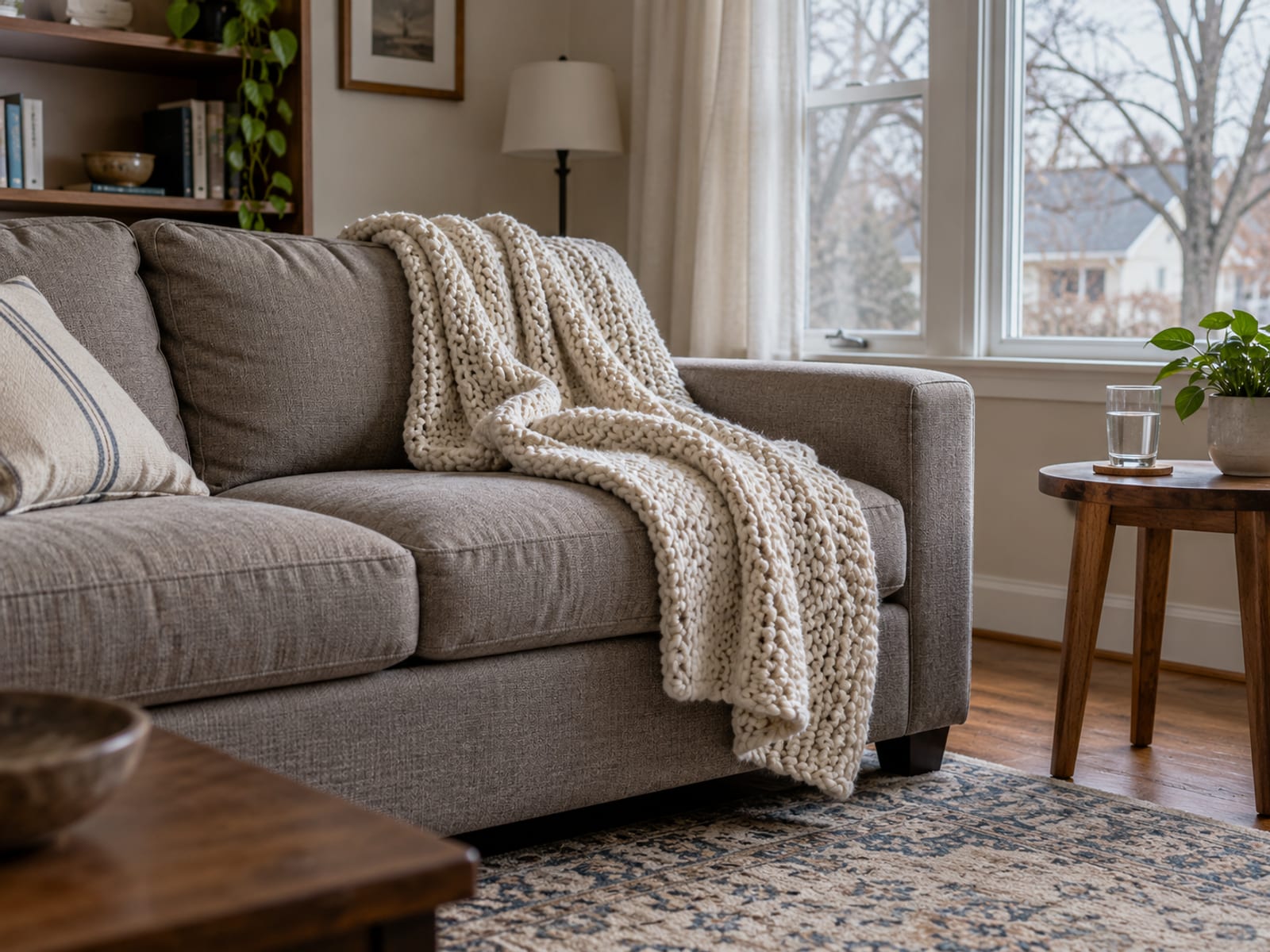 Empty sofa with a knit blanket draped over the cushions beside a window and a glass of water on a side table
