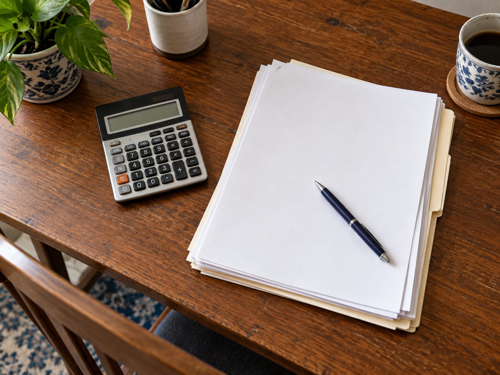 A calculator, a pen and a stack of blank paper forms on a wooden desk