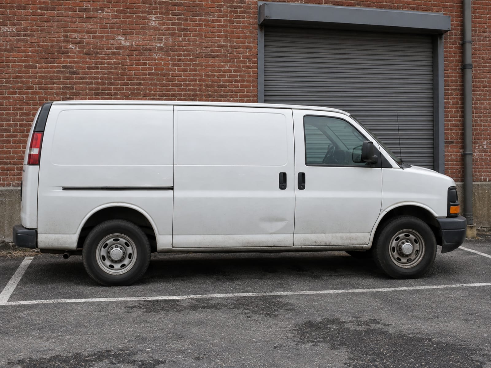 A white work van parked in front of a small brick shop on a quiet city street
