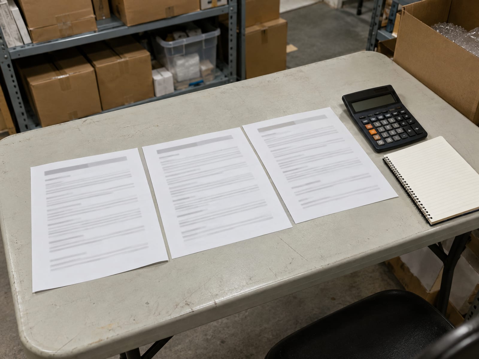 Three blank printed quote pages side by side on a desk with a calculator and a notepad