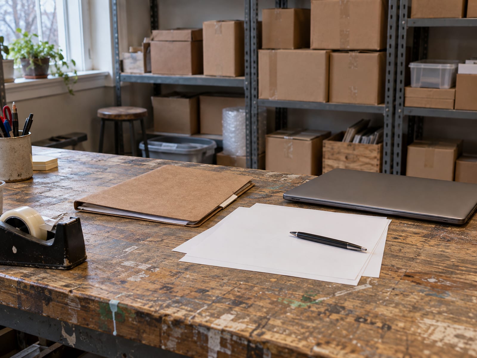 A desk with a closed folder of blank forms, a pen and a laptop in a small business office