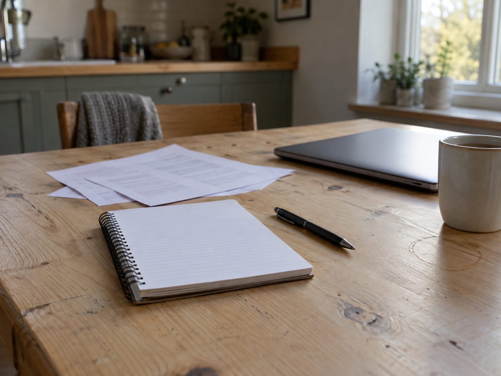 Una libreta con un bolígrafo, páginas impresas de póliza en blanco y una computadora portátil sobre una mesa de madera