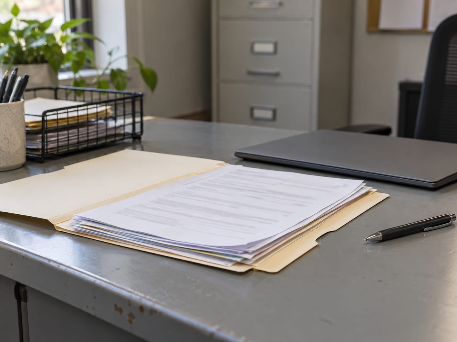 A folder of blank forms, a pen and a laptop on a desk in a small office