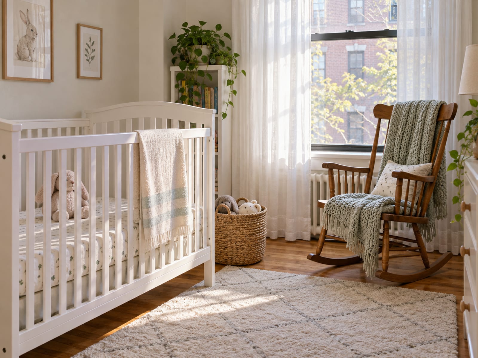 A parent holding a sleeping newborn beside a crib in a bright nursery