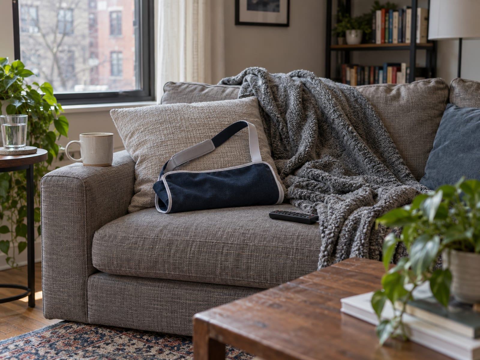 A worker resting an arm in a sling on a couch at home with a mug and a blanket nearby