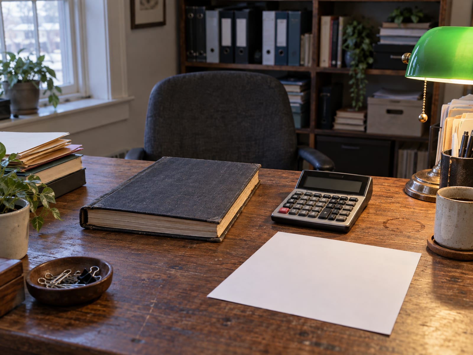 A closed ledger, a calculator and a blank notice on a desk beside a coffee cup
