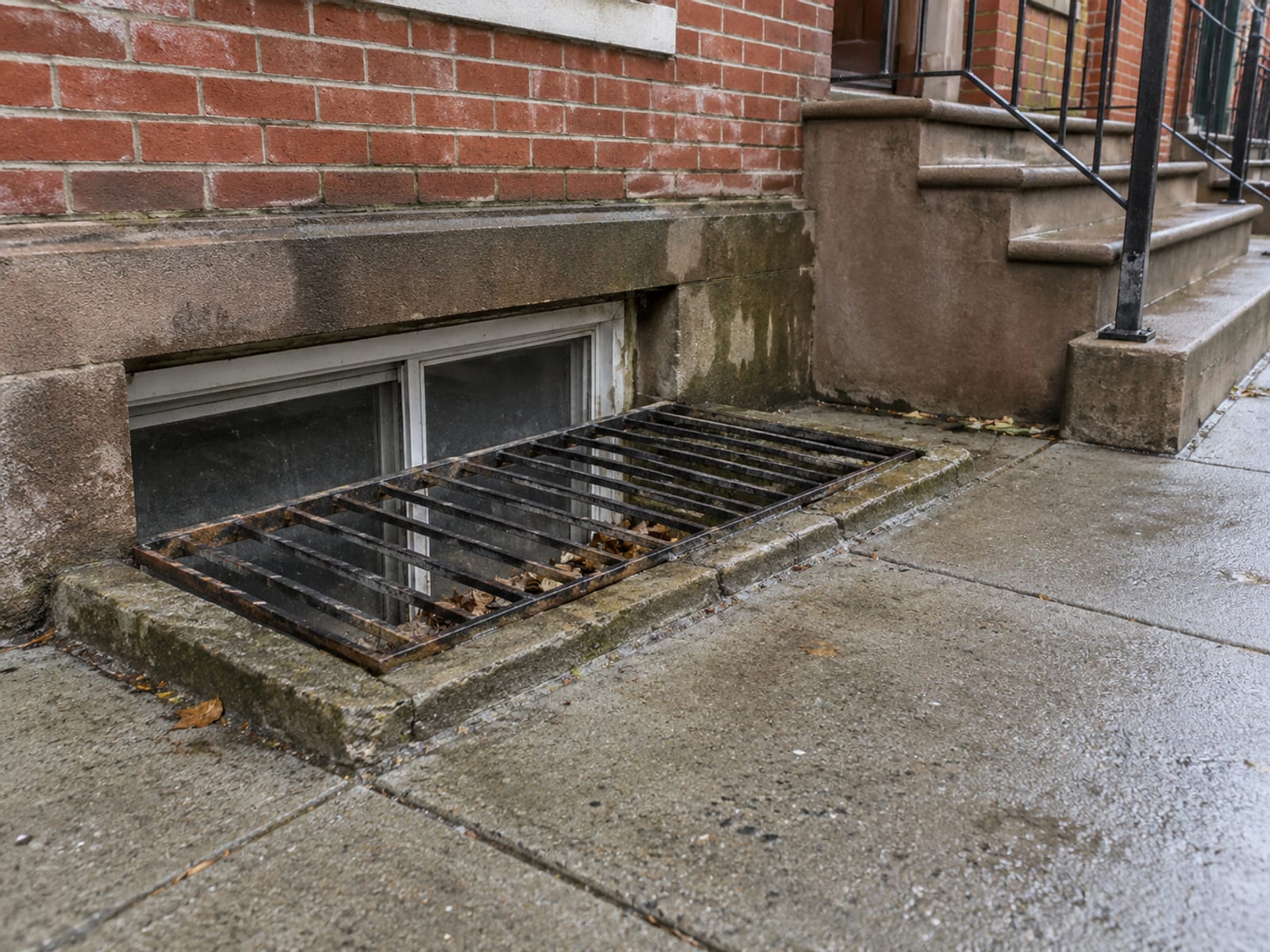 A two-story brick row house with a basement window at street level on a quiet block