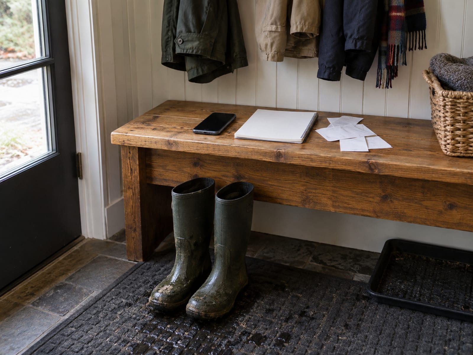 A phone, a notepad and a stack of blank receipts on a table beside a pair of rubber boots