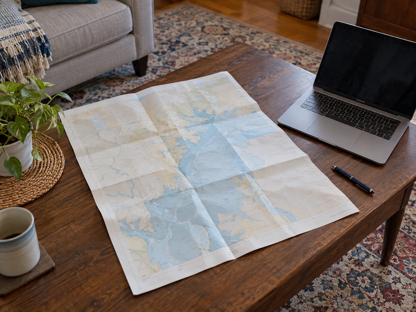 A blank folded paper map of a neighborhood on a desk beside a laptop and a pen