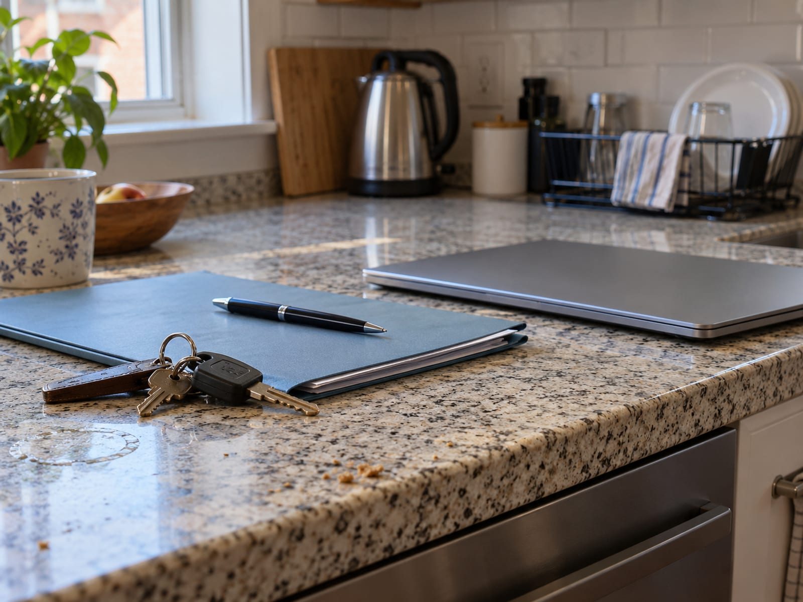 A closed mortgage folder, a pen and a set of house keys on a table beside a laptop