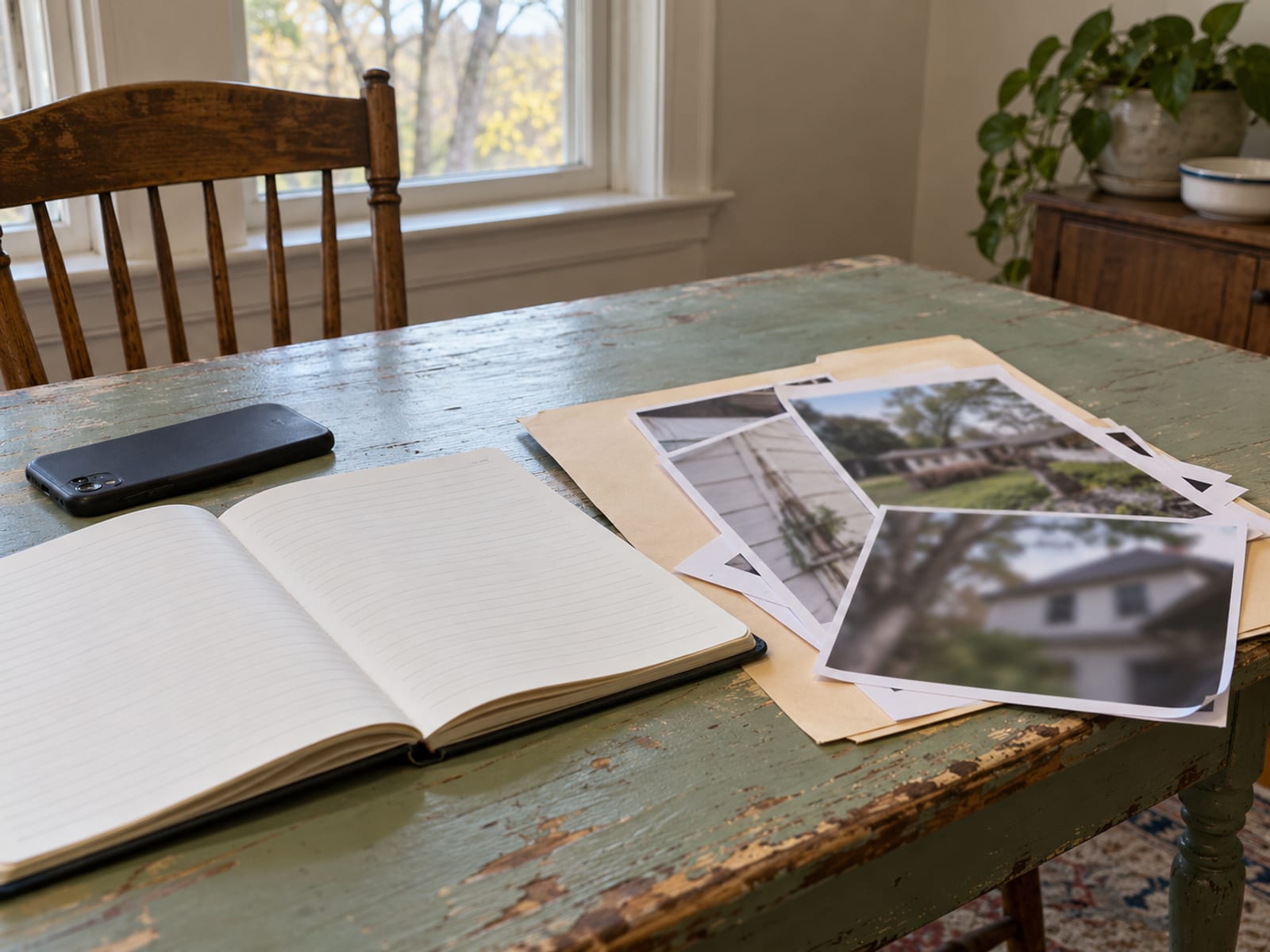 A kitchen table with a notebook, a phone and a folder of printed photos after a home loss