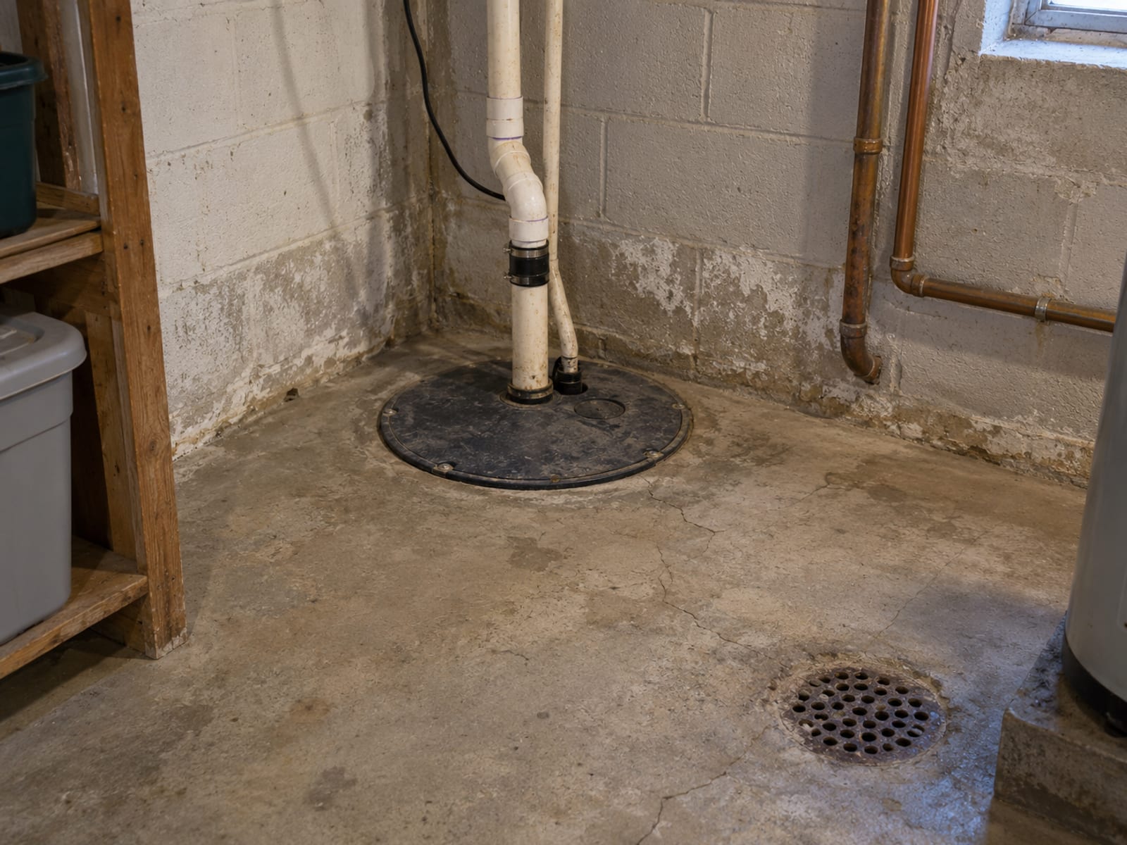 A dry basement corner with a sump pit and a floor drain beside a utility shelf