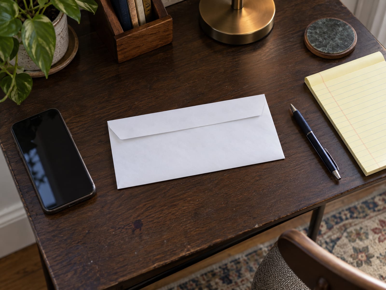 A desk with an unopened envelope, a pen, a phone and a blank notepad ready for sorting out a letter