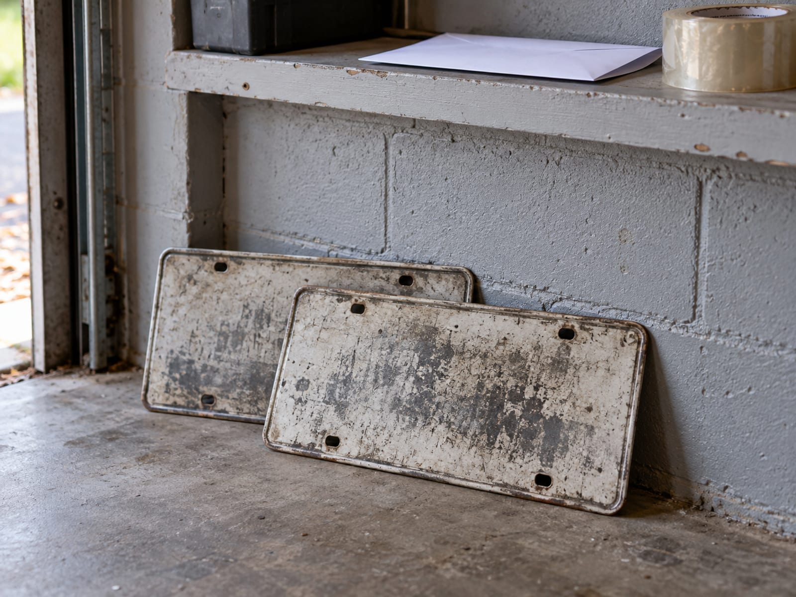 A set of license plates leaning on a garage wall beside a closed envelope and a roll of packing tape