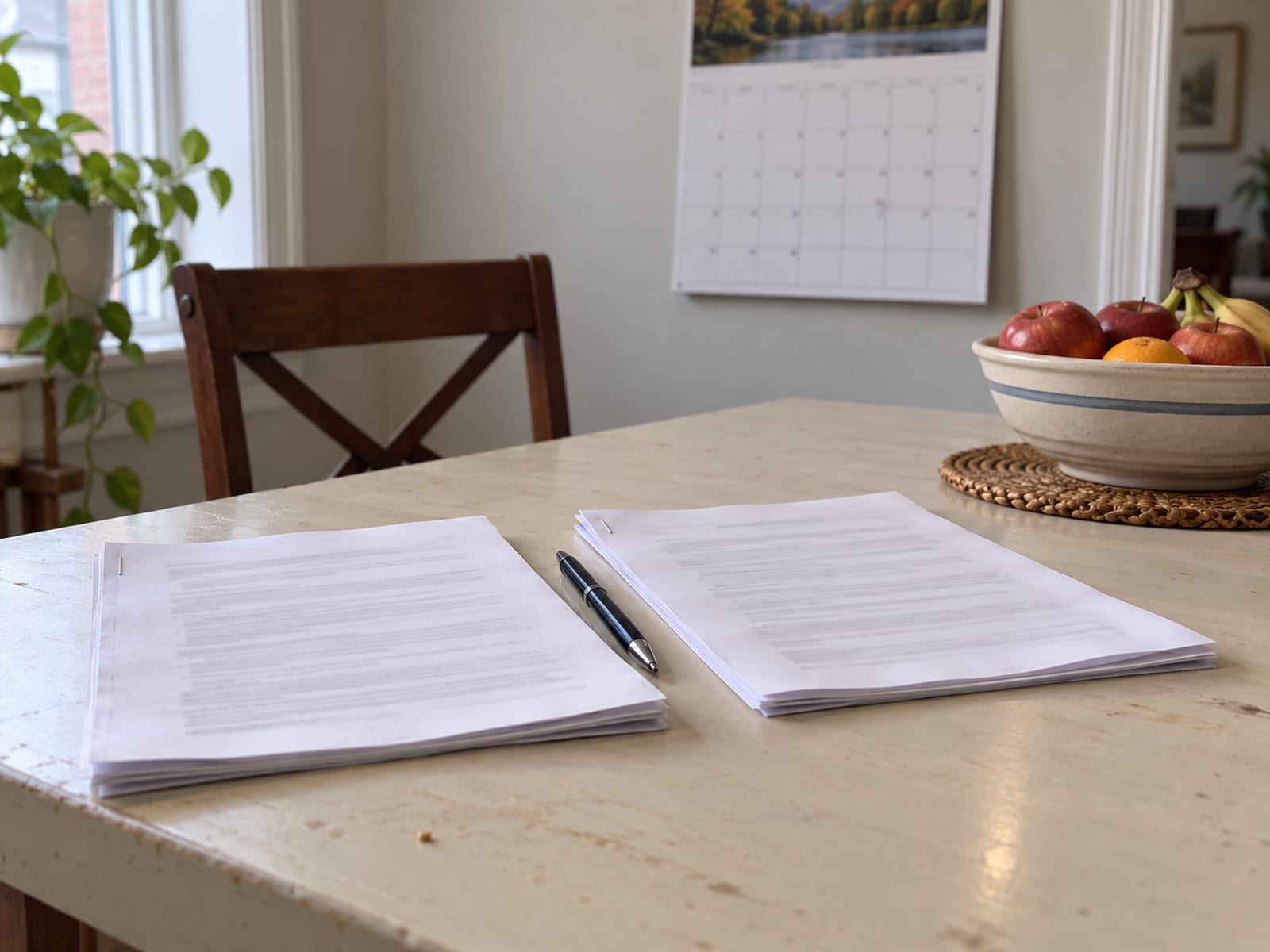 Two policy documents with blank lines side by side on a table beside a calendar and a pen