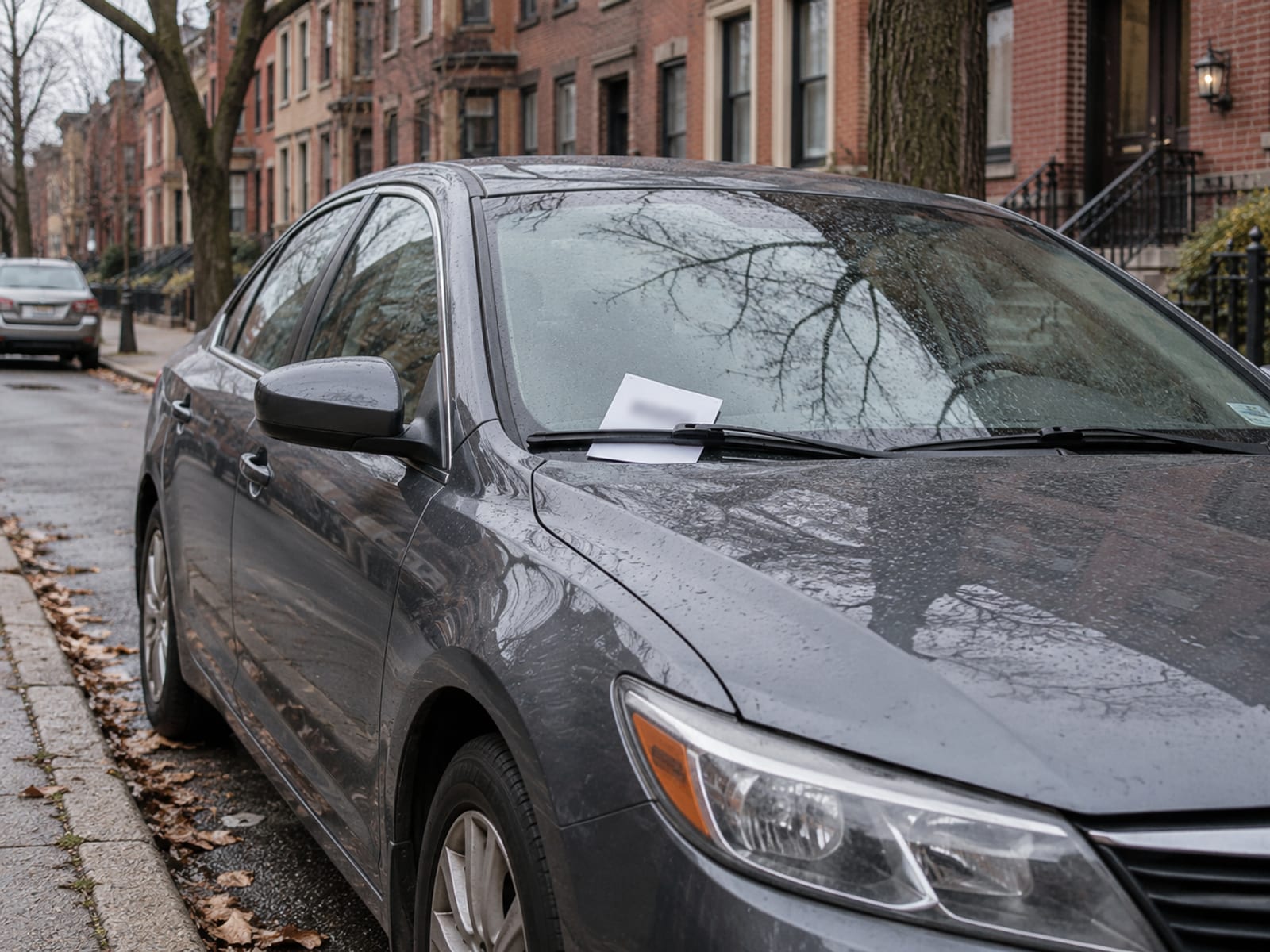 A car parked at a curb on a residential New York street with a blurred ticket envelope on the windshield