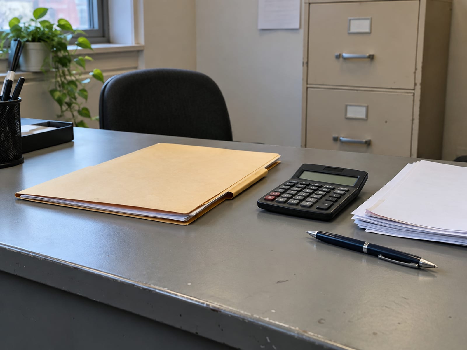 Un escritorio ordenado con una carpeta médica cerrada, una calculadora y un bolígrafo junto a una pila de formularios en blanco