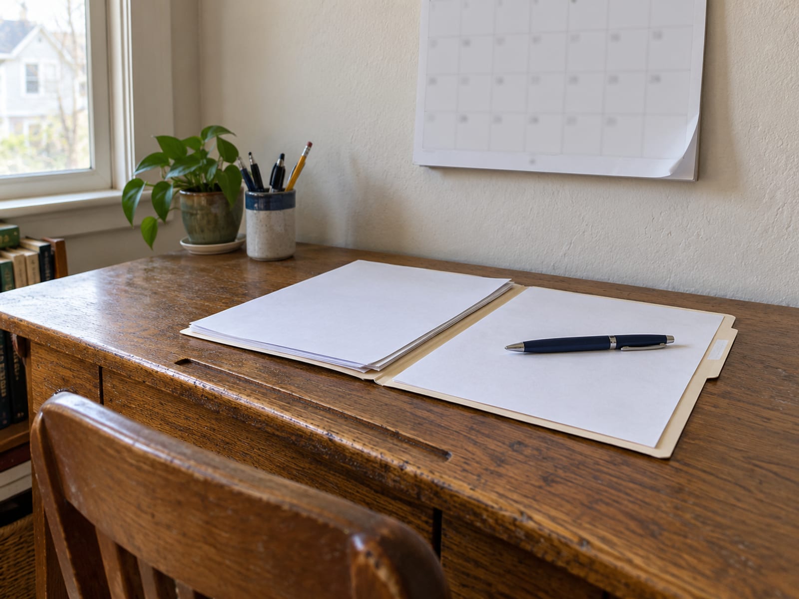 Un escritorio con una carpeta de formularios de reclamo en blanco, un bolígrafo y un calendario de pared junto a una taza