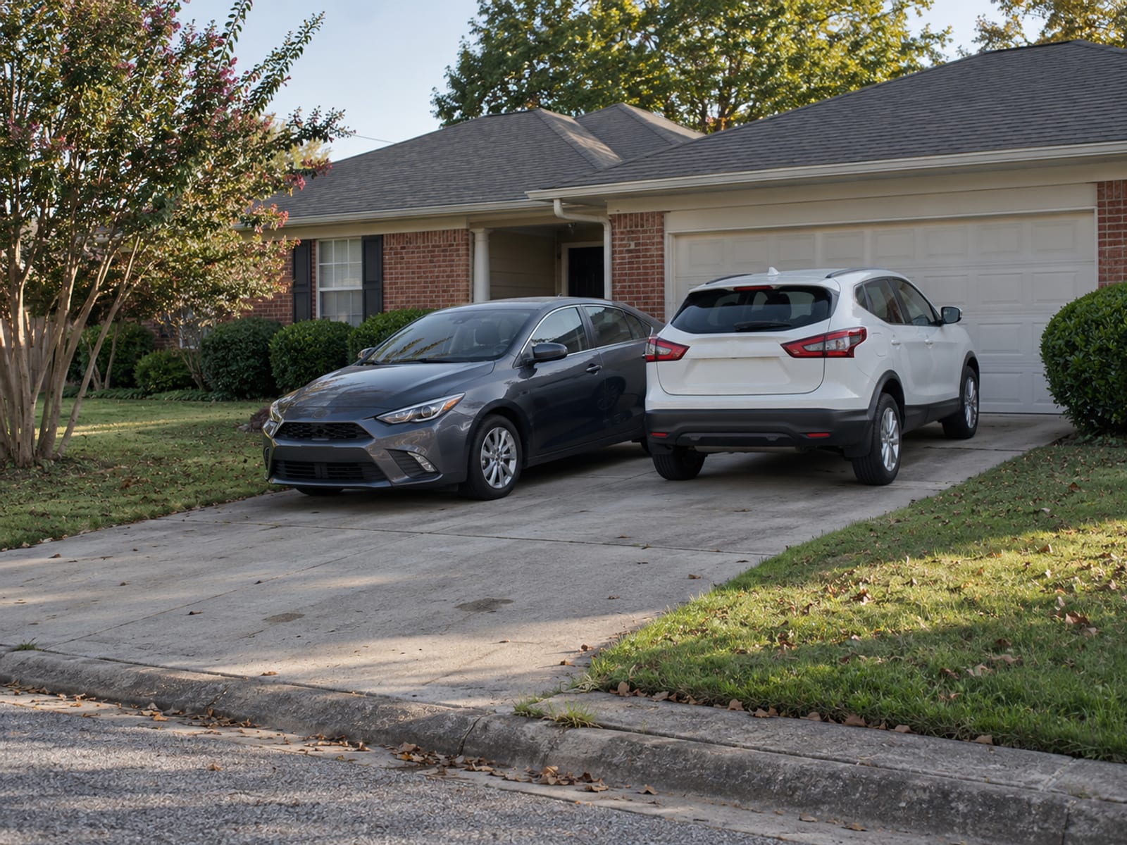 Two cars parked side by side in a suburban driveway in late afternoon light