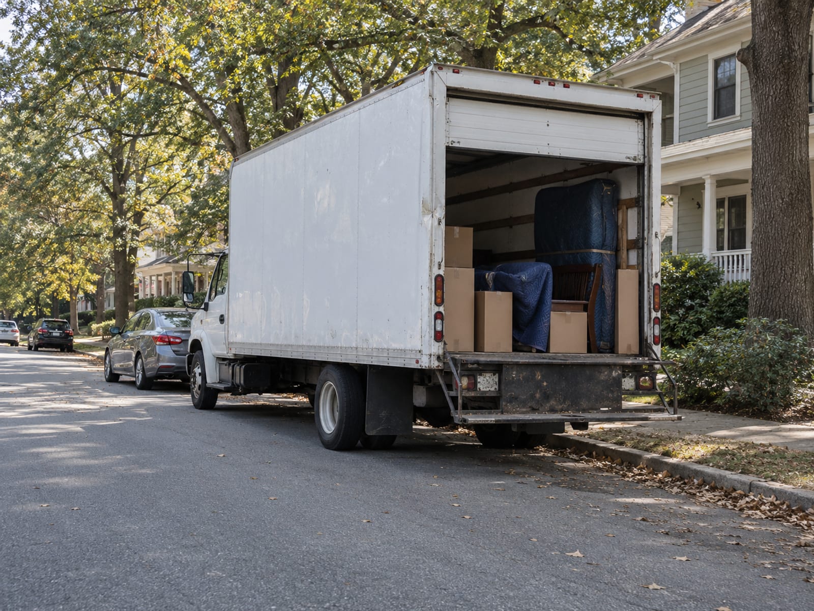 A moving truck parked beside a sedan on a quiet residential street