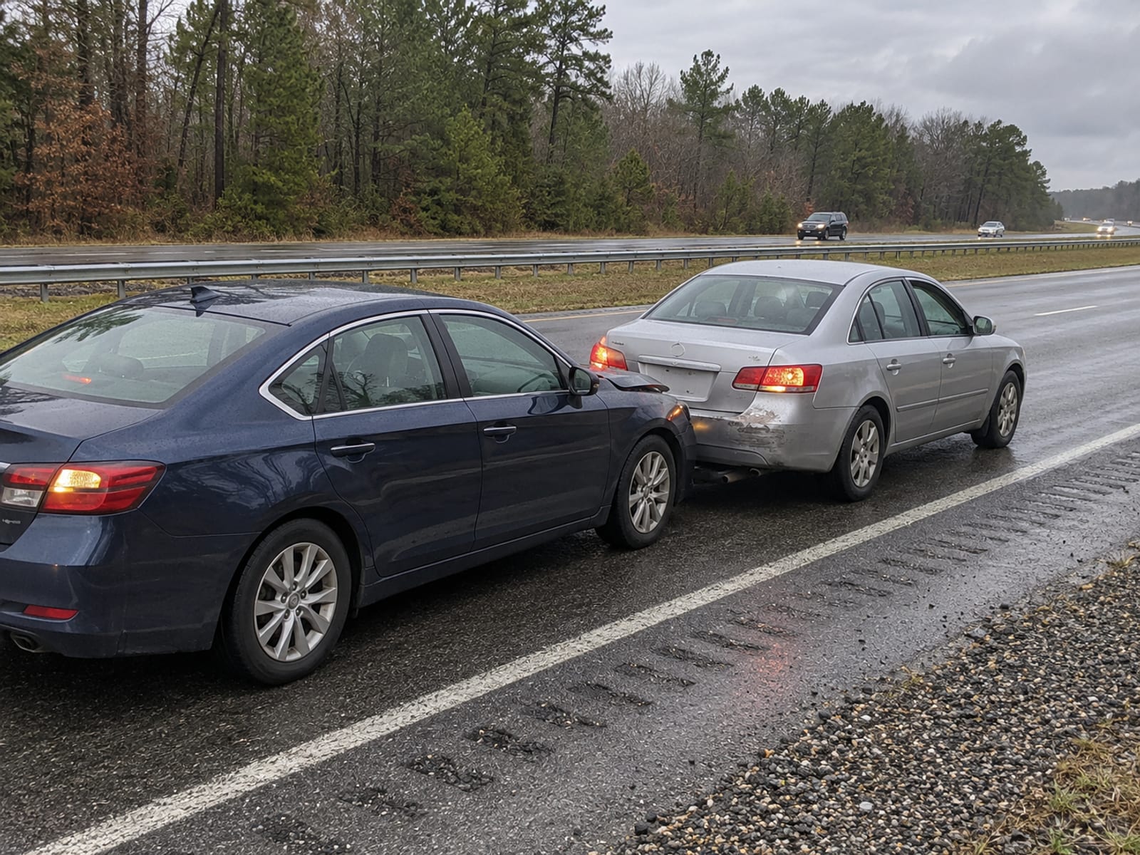 Two cars stopped on a highway shoulder after a minor collision, seen from a distance