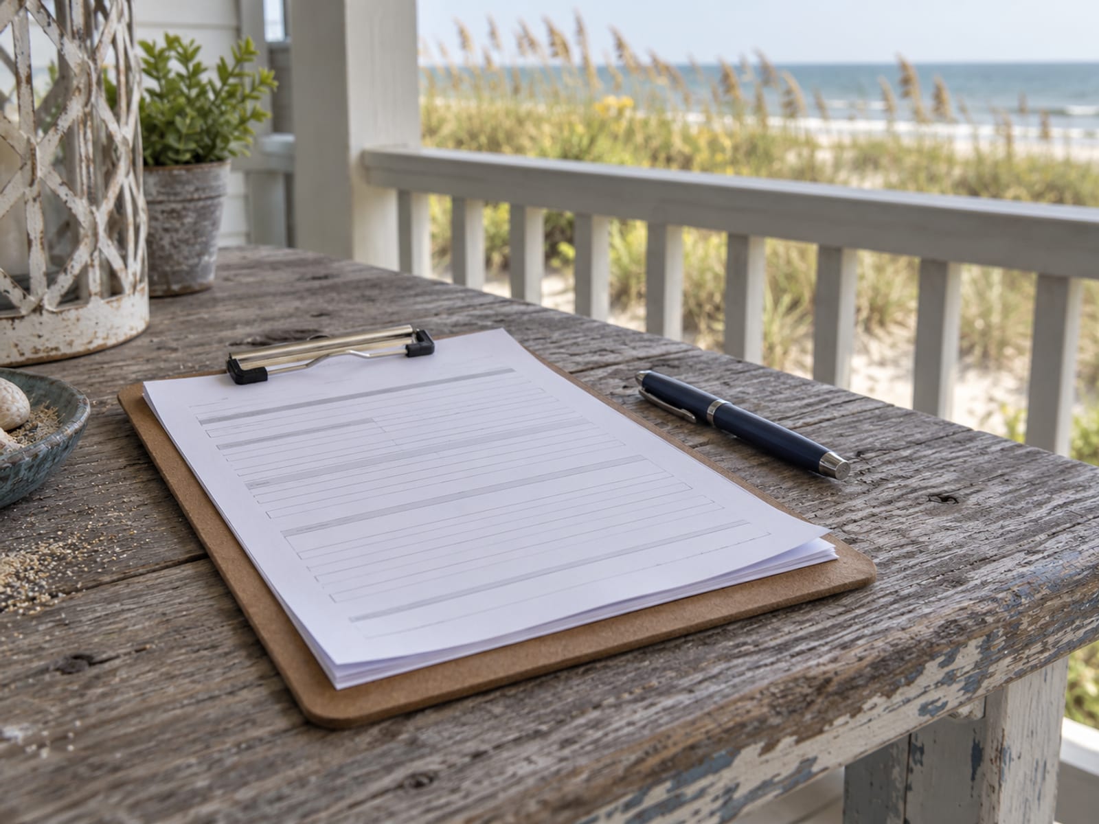 A clipboard with blank forms and a pen on a porch table near the beach