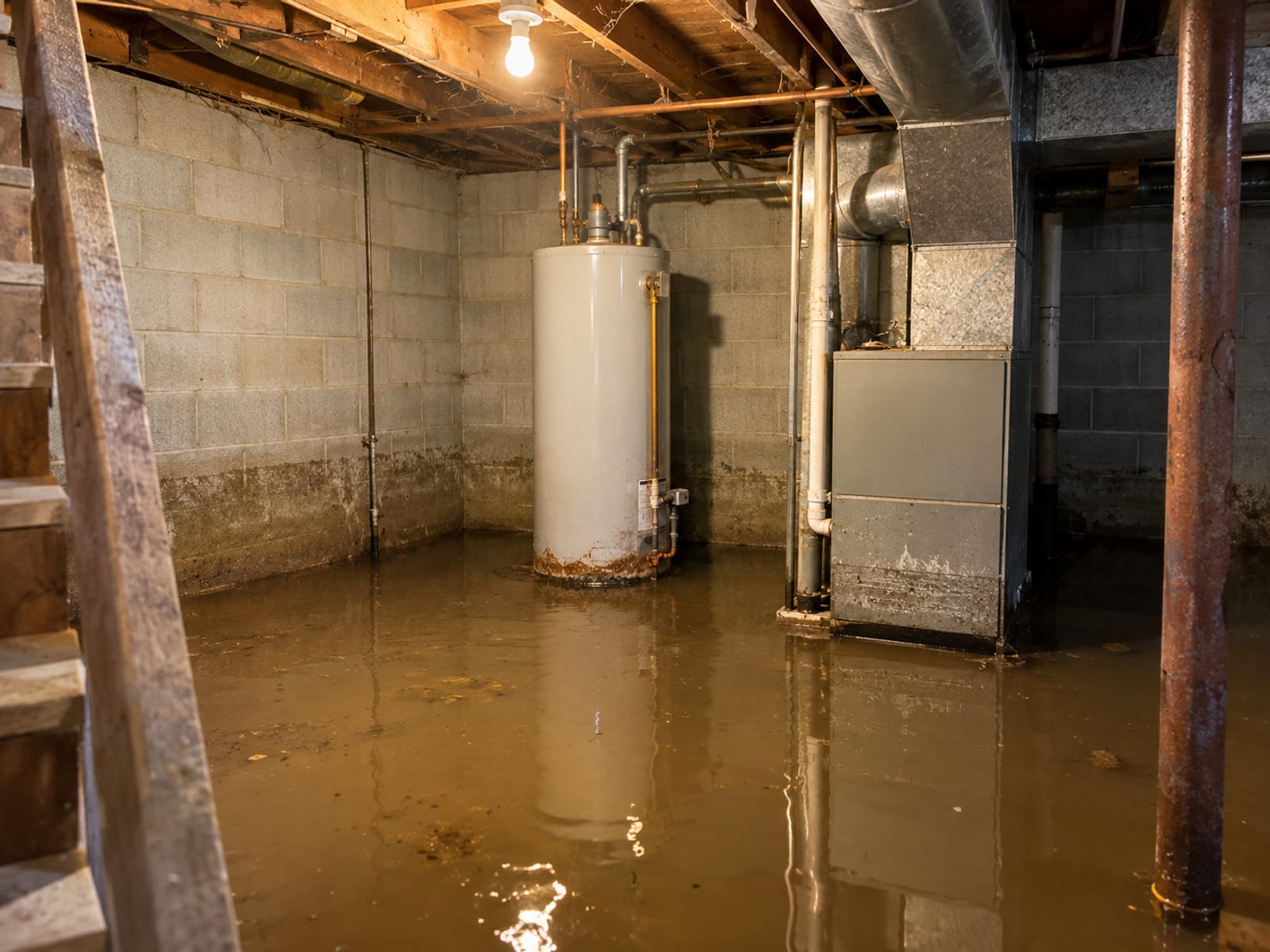 Un calentador de agua y un calefactor de pie en agua de inundación poco profunda dentro de un sótano sin terminar
