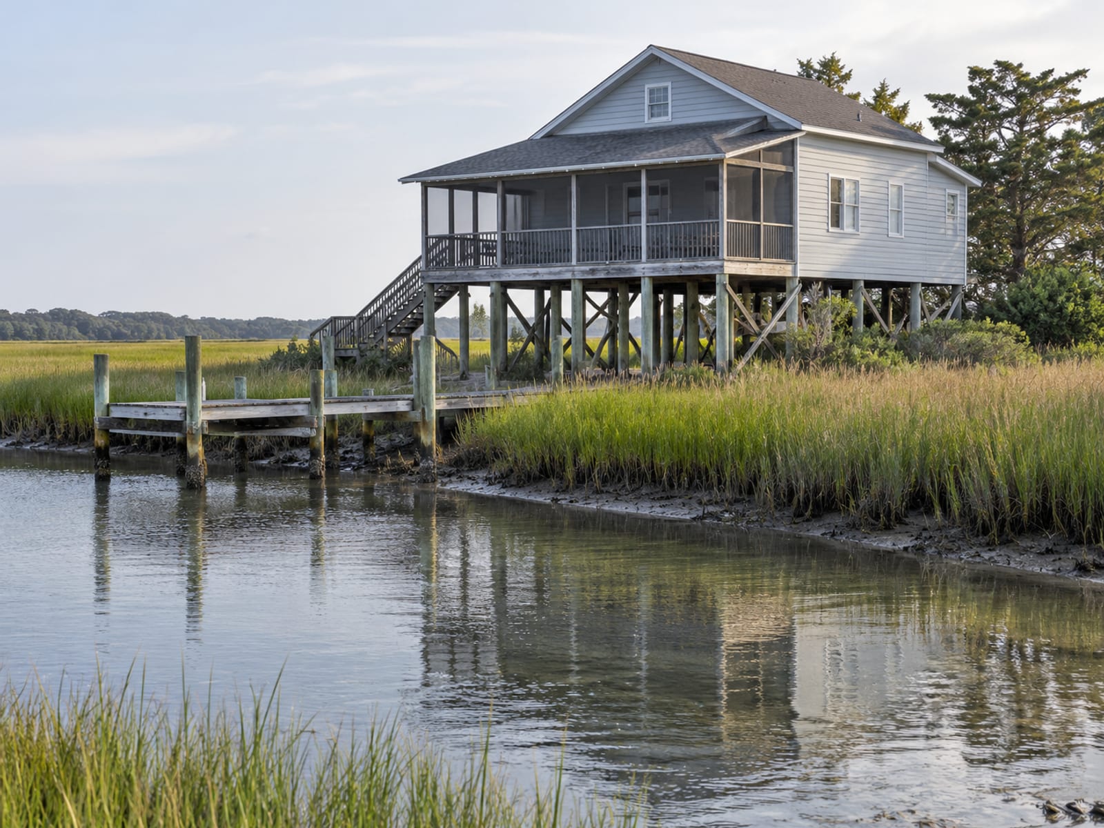 Una casa elevada sobre pilotes junto a un arroyo de marisma en la costa de Carolina del Norte