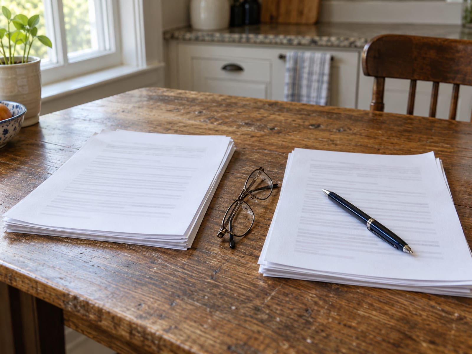 Dos juegos de papeles de póliza uno al lado del otro sobre una mesa de cocina, con lentes de lectura