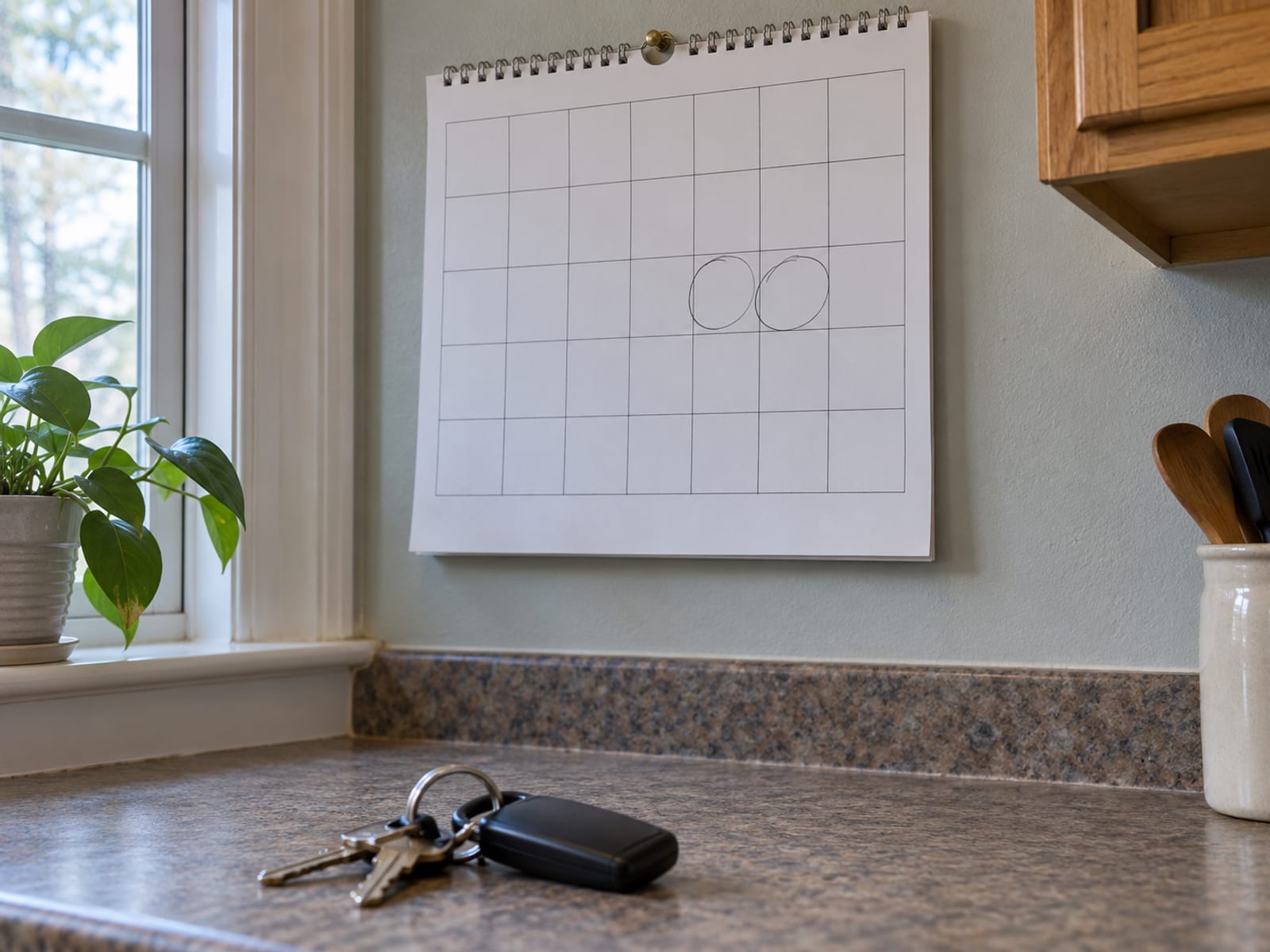 Un calendario de pared con dos días seguidos marcados en círculo, junto a un juego de llaves de auto sobre un mostrador de cocina