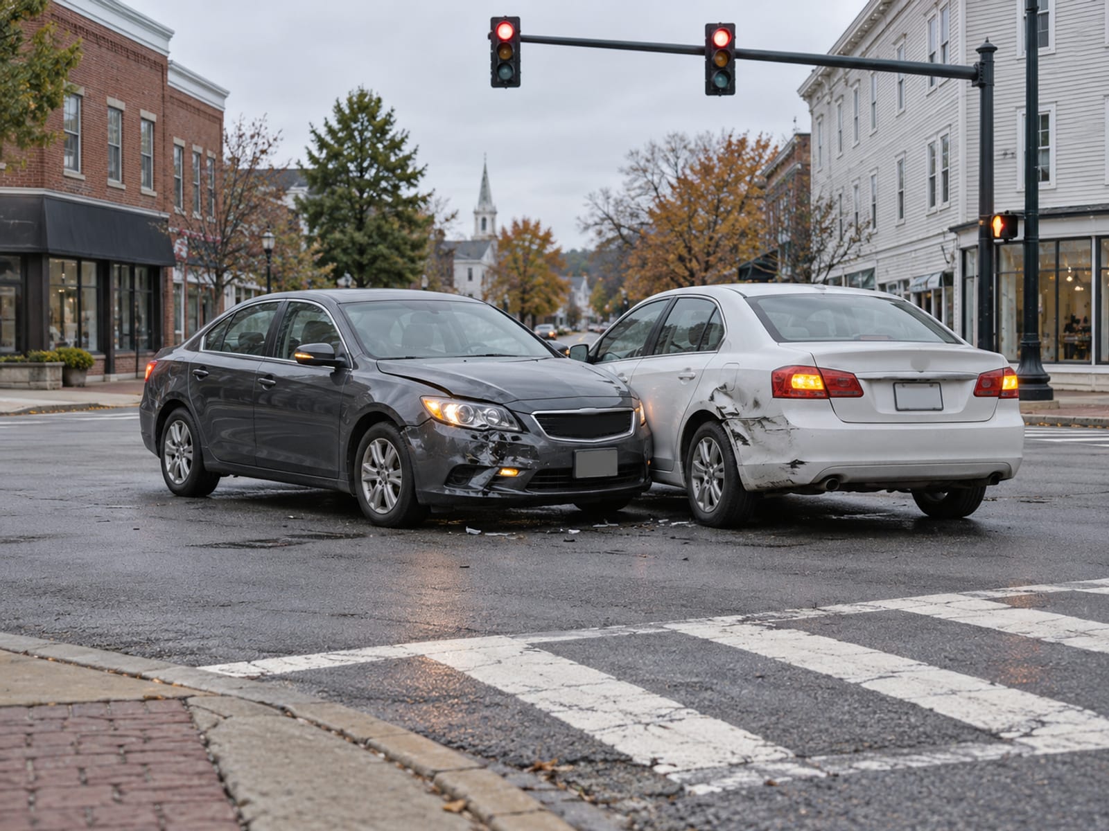 Two cars stopped at an intersection after a minor fender-bender, seen from across the street