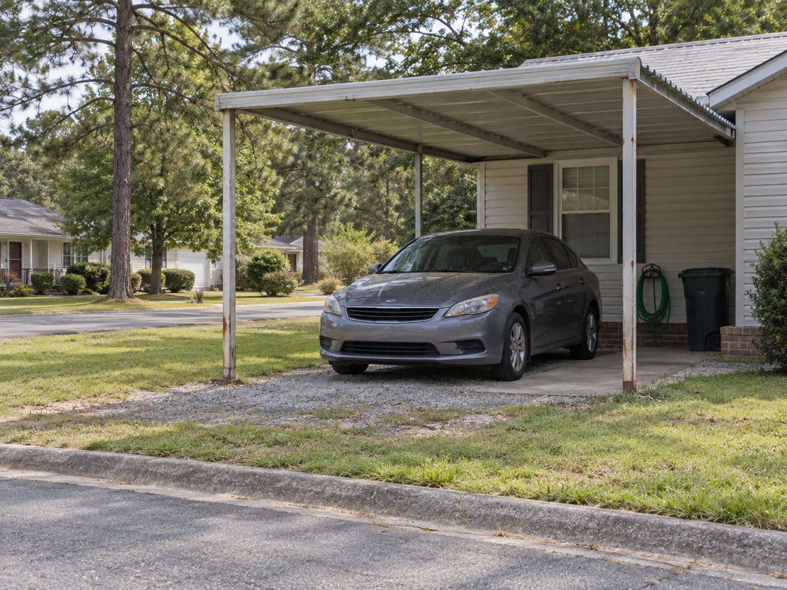 A sedan parked under a carport beside a quiet residential street
