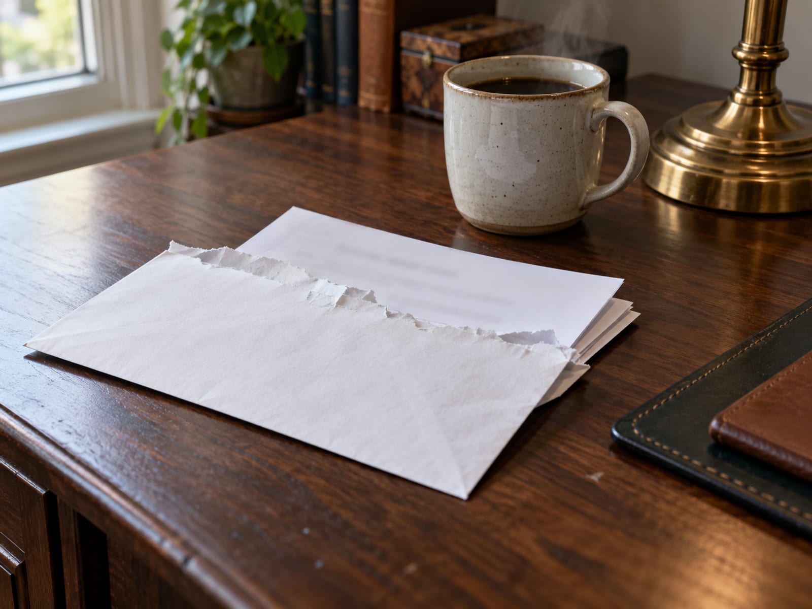 An opened envelope with folded papers on a wooden desk beside a cup of coffee