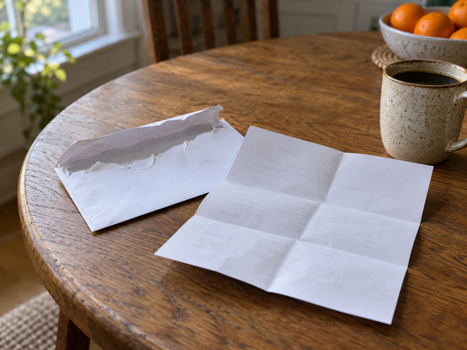 Un sobre abierto y una carta doblada sobre una mesa de cocina, junto a una taza