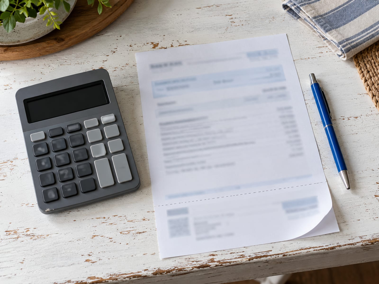 Una calculadora y una factura de papel con un bolígrafo sobre una mesa, vistas desde arriba y sin texto legible