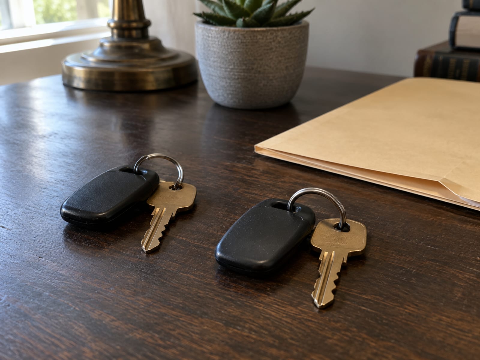 Dos juegos de llaves de auto sobre un escritorio de madera, junto a una carpeta cerrada