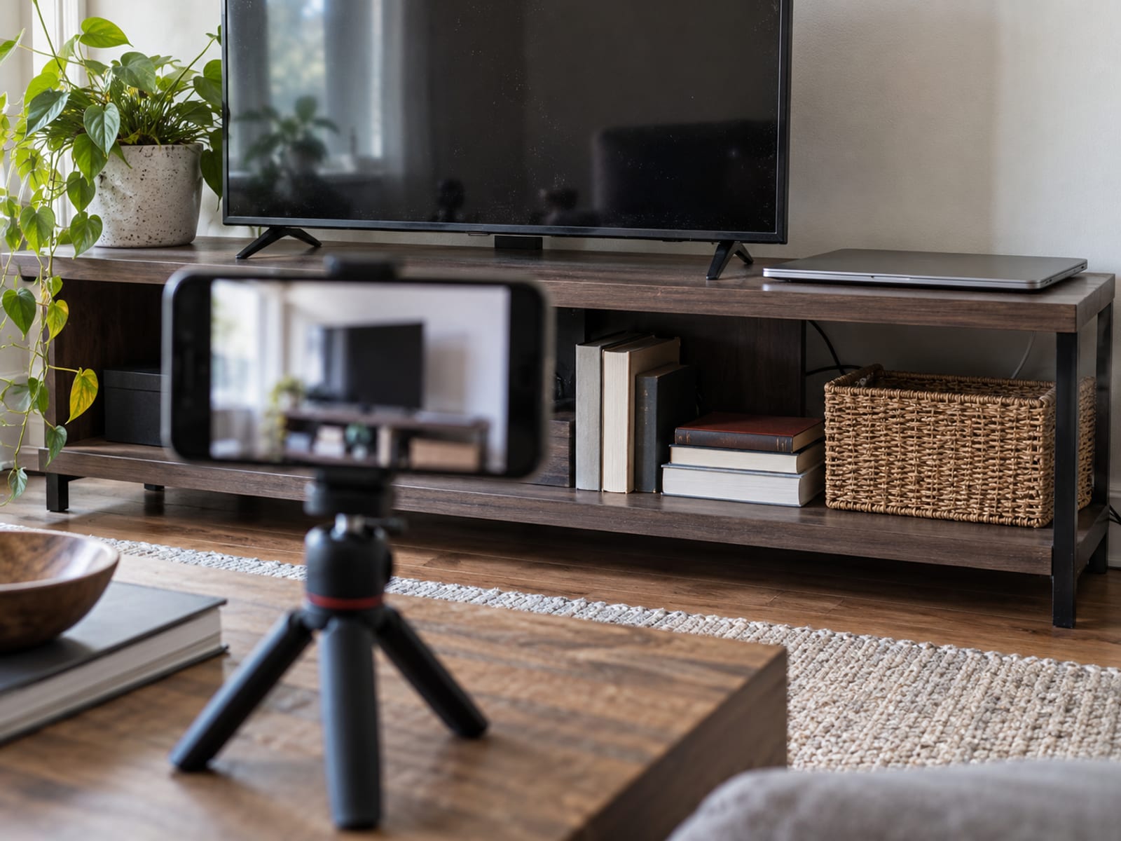 A phone photographing a laptop and a television on a living room shelf for a home inventory