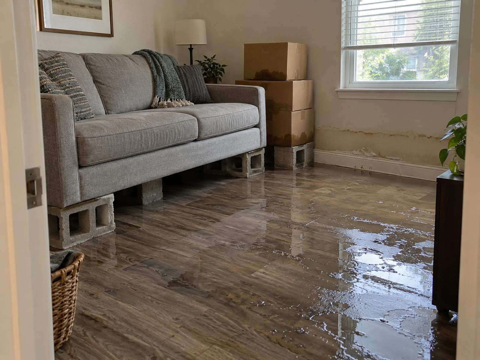 Furniture and boxes raised on blocks in a ground-floor apartment with a damp floor after high water